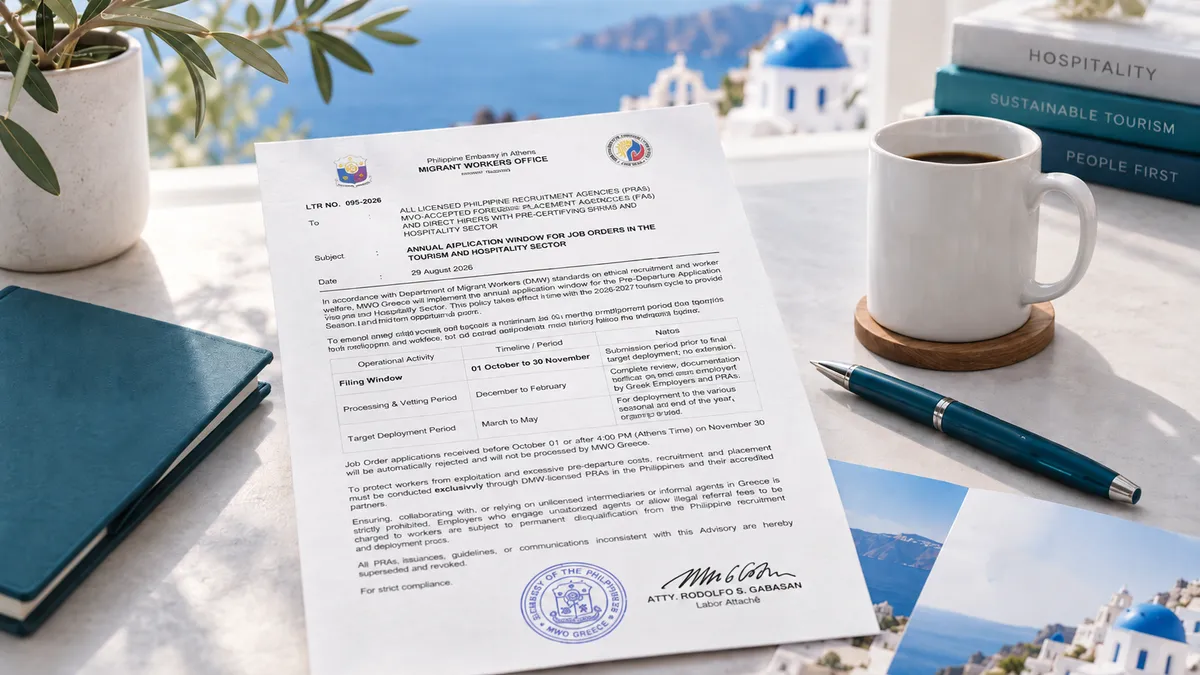 Εγκύκλιος MWO Αθηνών για το παράθυρο αιτήσεων προσωπικού από τις Φιλιππίνες για τη σεζόν 2027